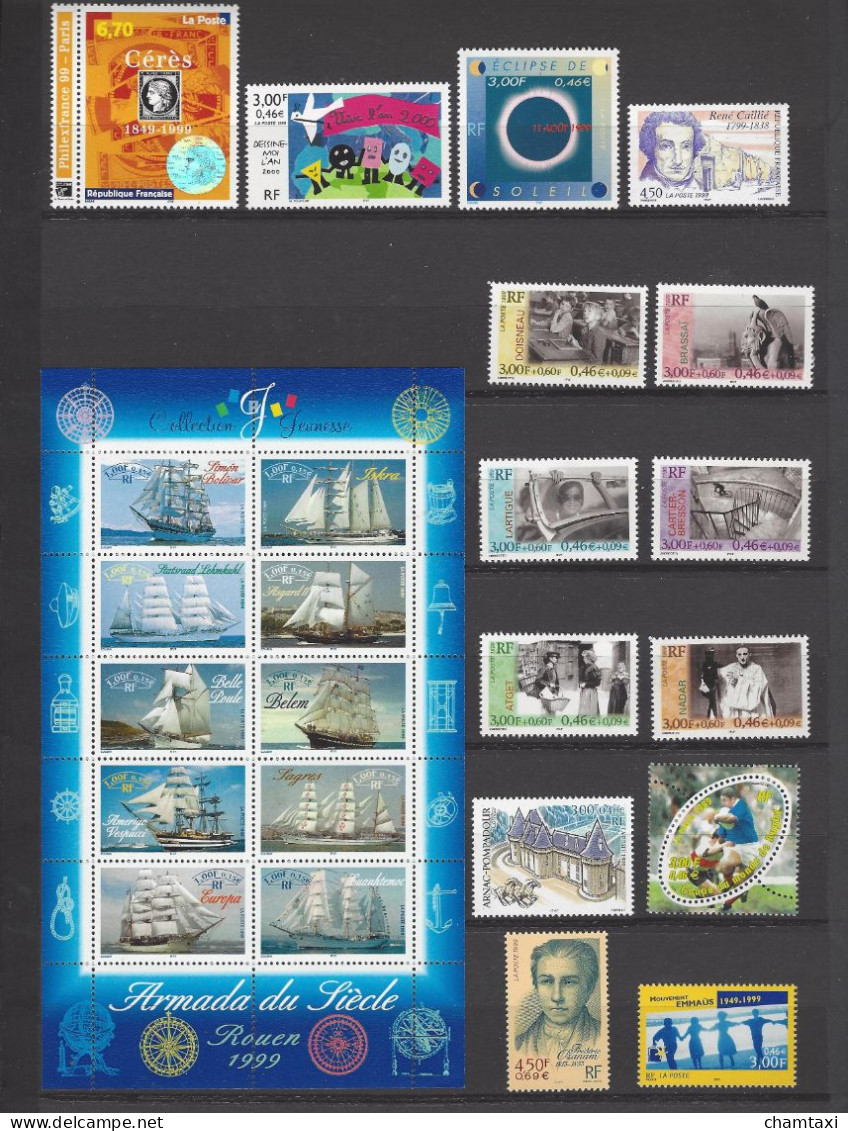 FRANCE 1999 ANNEE COMPLETE 57 TIMBRES EMIS EN FEUILLE  LES 5 TIMBRES ISSUS DE CARNET 5 CARNETS 5 BLOCS PA 63 SERVICE (2) - 1990-1999