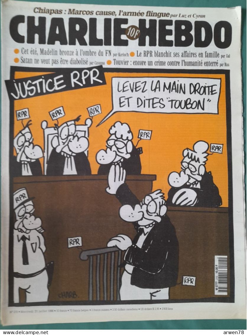 CHARLIE HEBDO 1996 N° 215 JUGE AVOCAT JUSTICE RPR LEVEZ LA MAIN DROITE ET DITES TOUBON - Humor