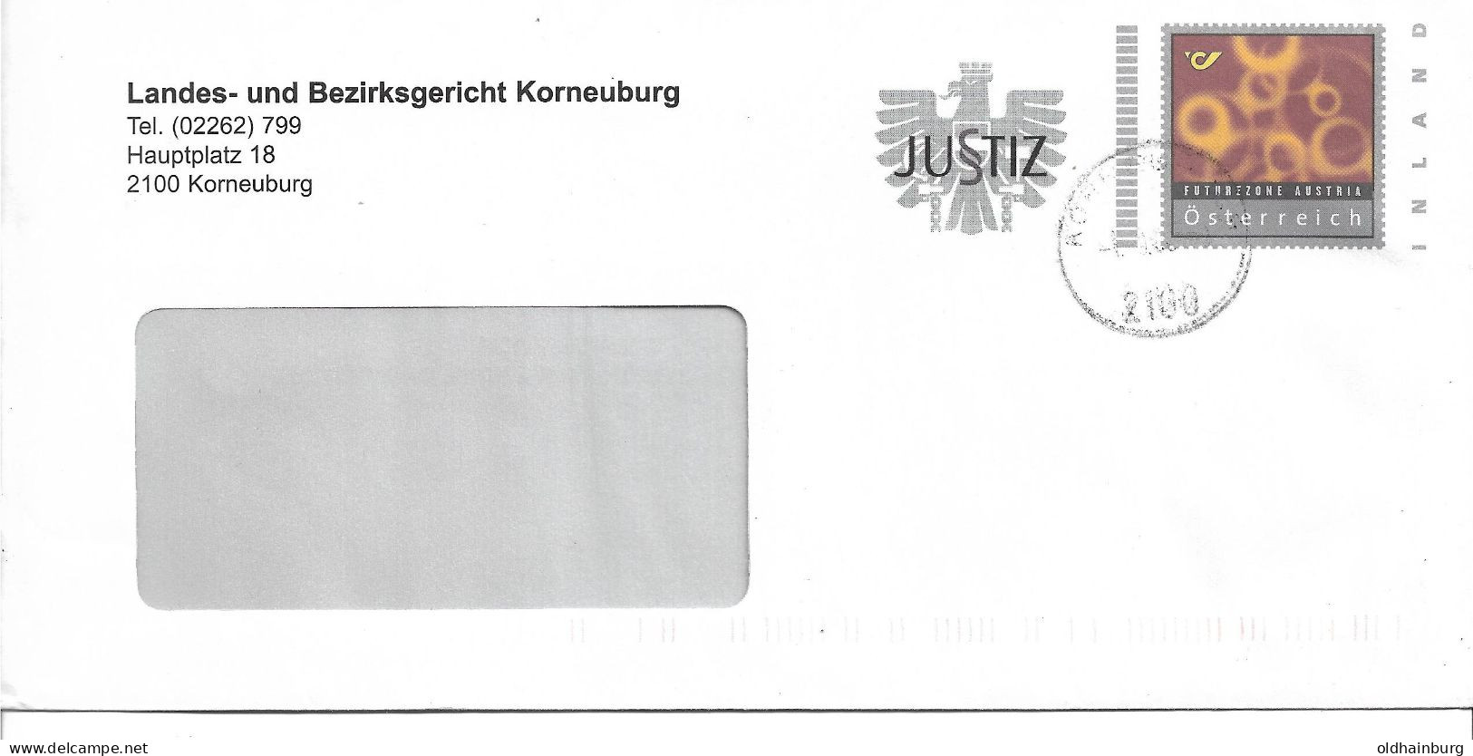 0449c: Österreichs Justiz- Bonusbrief Landes- & BG 2100 Korneuburg (ANK 16, 100.- €) - Enveloppes