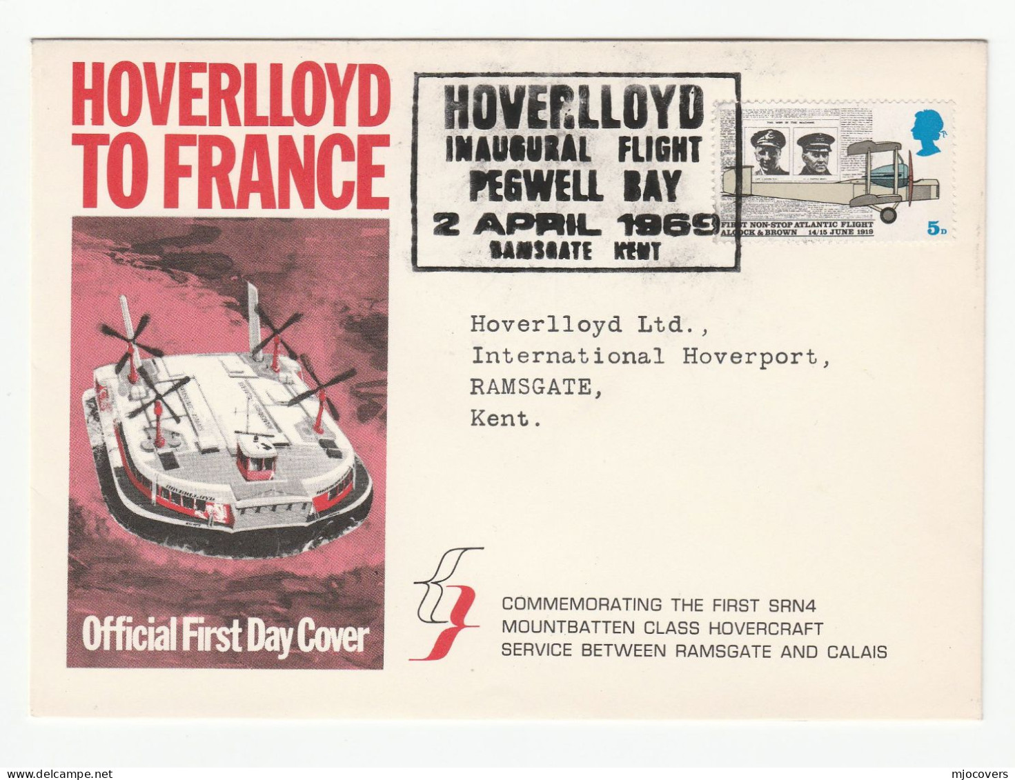 1969 HOVERCRAFT SRN4 Pegwell Bay RAMSGATE First Flight COVER  GB To FRANCE Hoverlloyd Ltd Stamps - Autres (Mer)