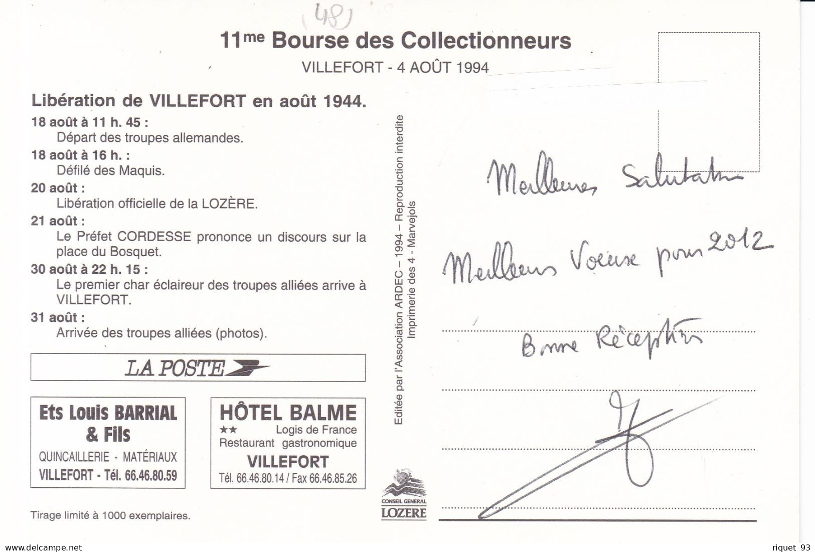 VILLEFORT(Lozère)-11ème Bourse.....4 Août 1994 - Libération De VILLEFORT 1944 - Bourses & Salons De Collections