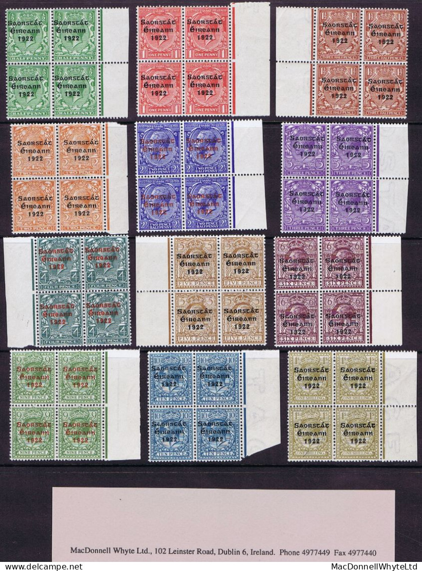 Ireland 1922-23 Thom Saorstat 3-line Ovpt ½d To 1s Set Of 12 In Brilliantly Fresh Marginal Blocks Of 4 Mint Unmounted - Neufs