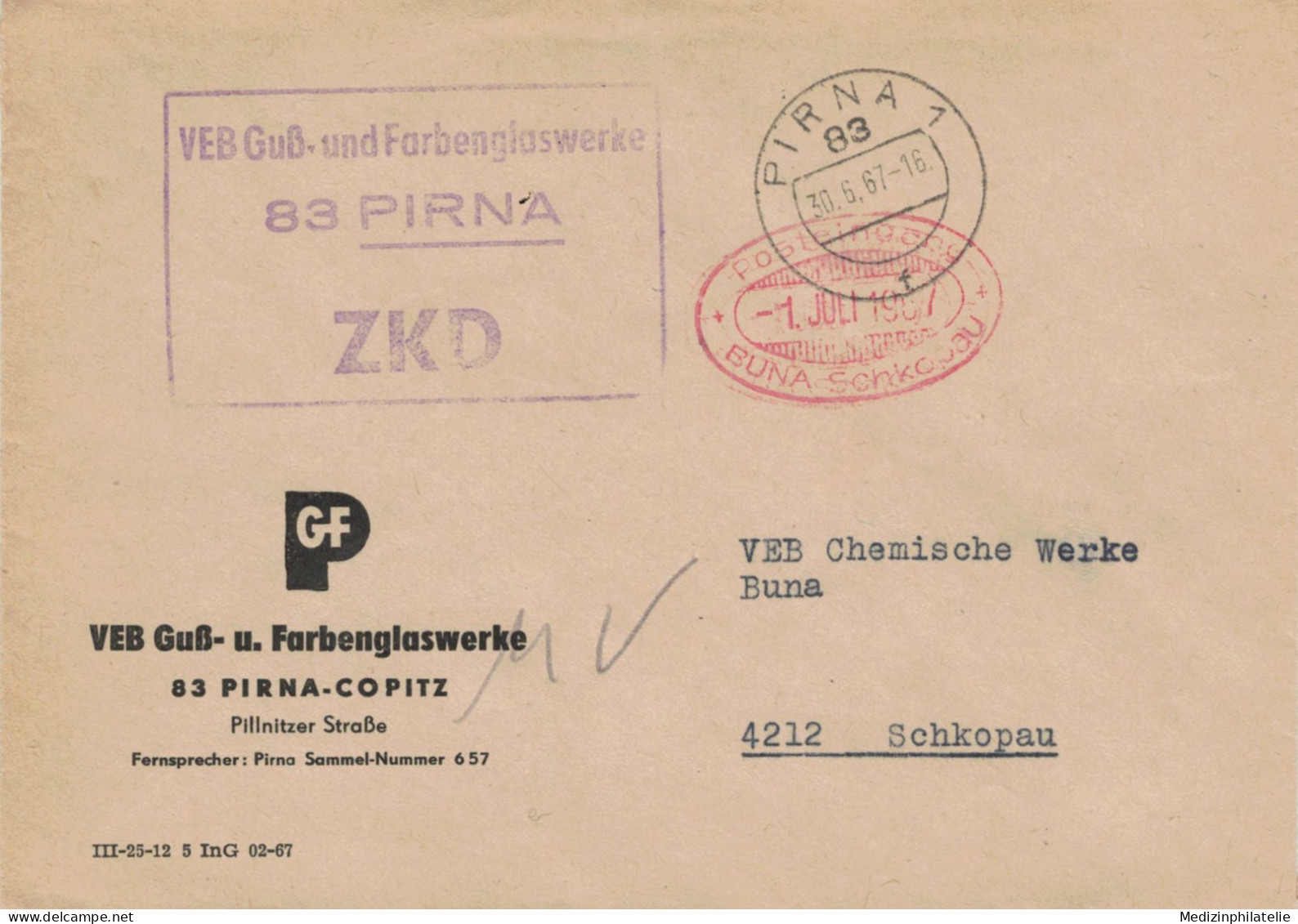 DDR ZKD - 1967 VEB Guss- & Farbenglaswerke 83 Pirna Copitz > Chemische Werke Buna - Usines & Industries