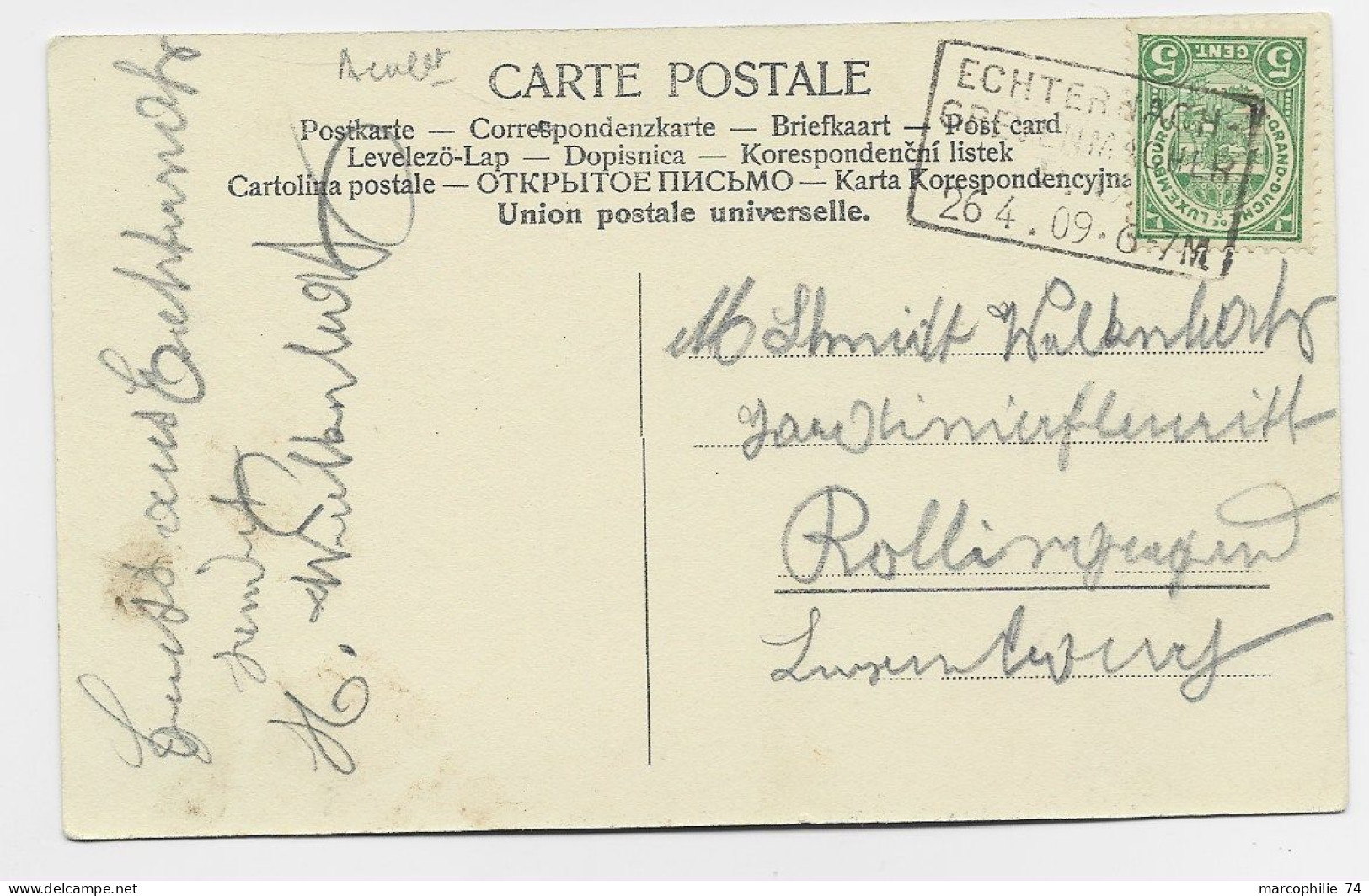 LUXEMBOURG 5C RECTANGLE ECHTERBACH GREVENMACHER  26.4.09 CARTE BERDORF - 1907-24 Wapenschild