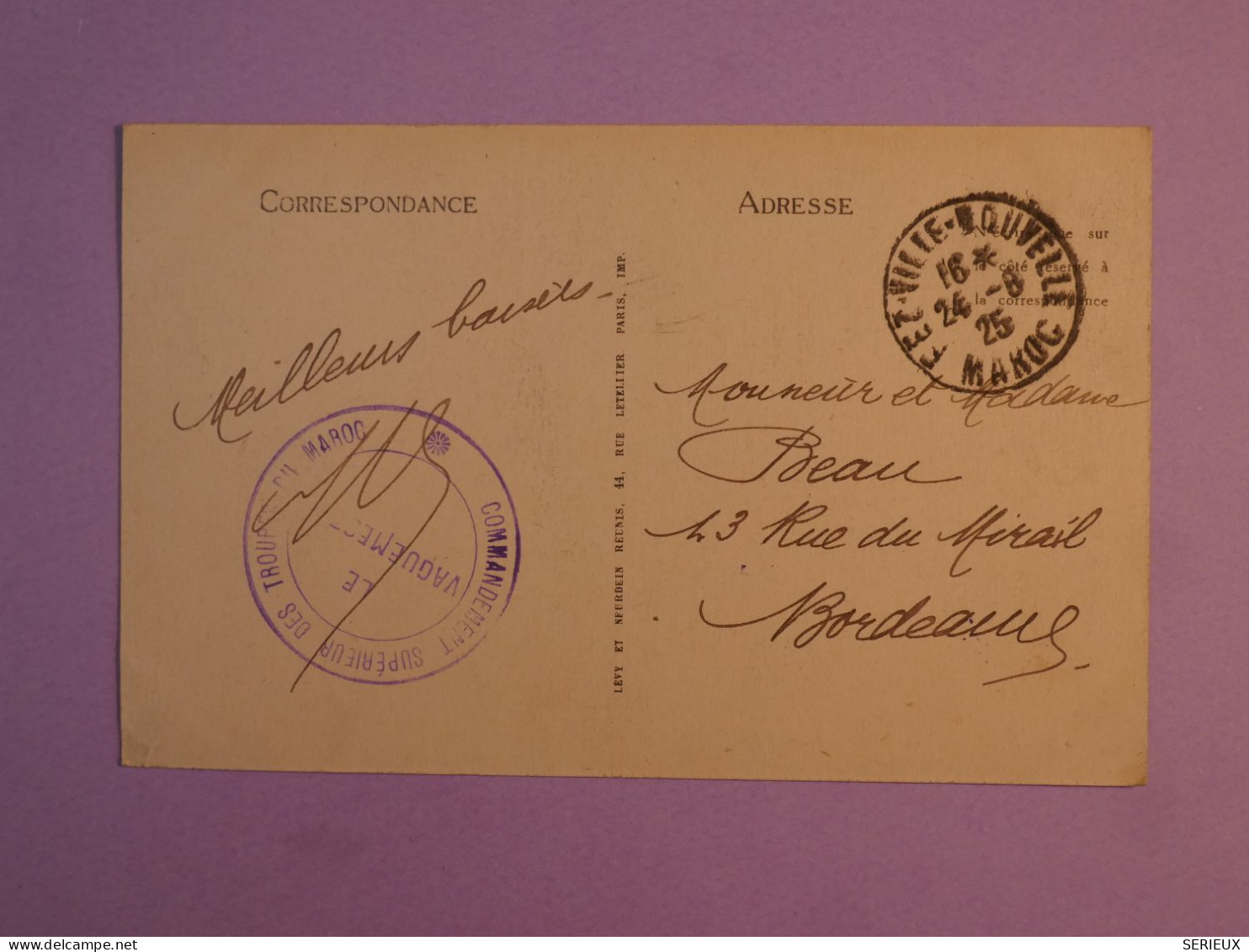 BW6   MAROC   BELLE CARTE RR 1925+ FEZ  A BORDEAUX FRANCE +AFF. INTERESSANT+ ++ - Storia Postale