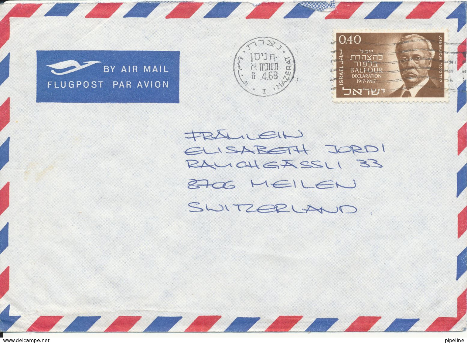 Israel Air Mail Cover Sent To Switzerland Nazerat 6-4-1968 Single Franked - Aéreo