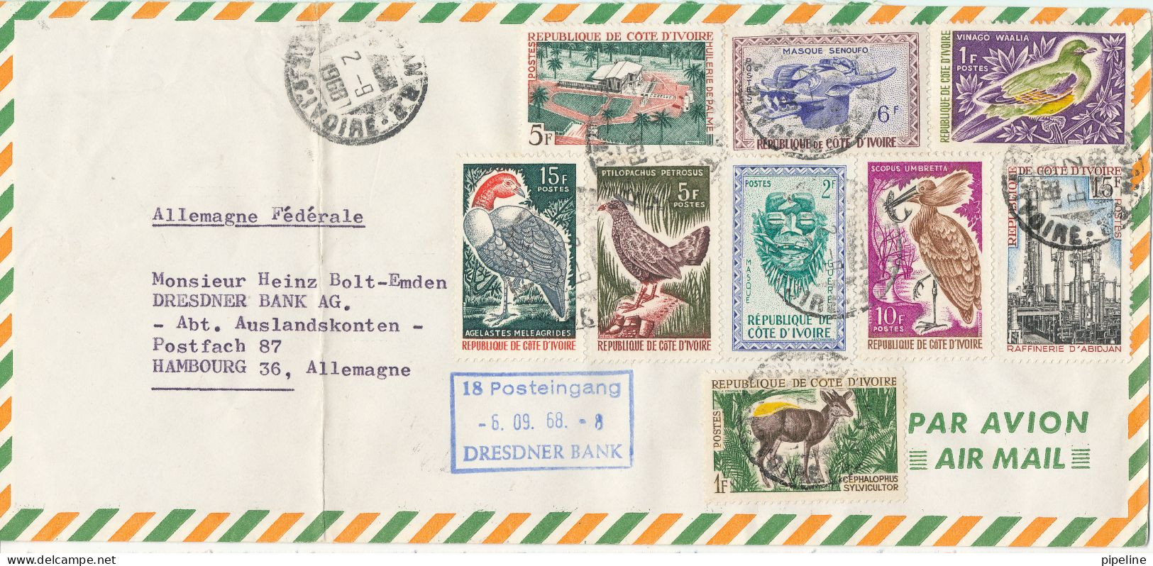 Ivory Coast Air Mail Cover Sent To Germany 2-9-1968 With A Lot Of Topic Stamps (folded Cover) - Côte D'Ivoire (1960-...)