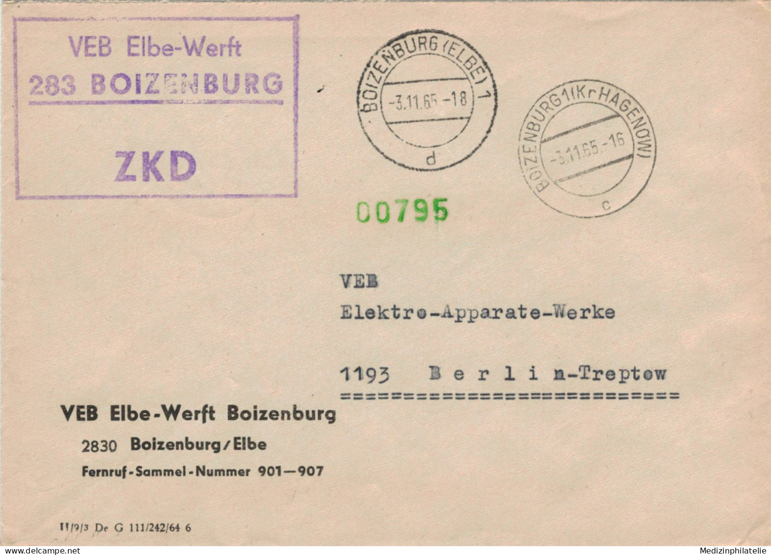 DDR ZKD - 1965 VEB Elbe-Werft 283 Boizenburg Kreis Hagenow > Elektro-Apparate-Werk Treptow - Usines & Industries