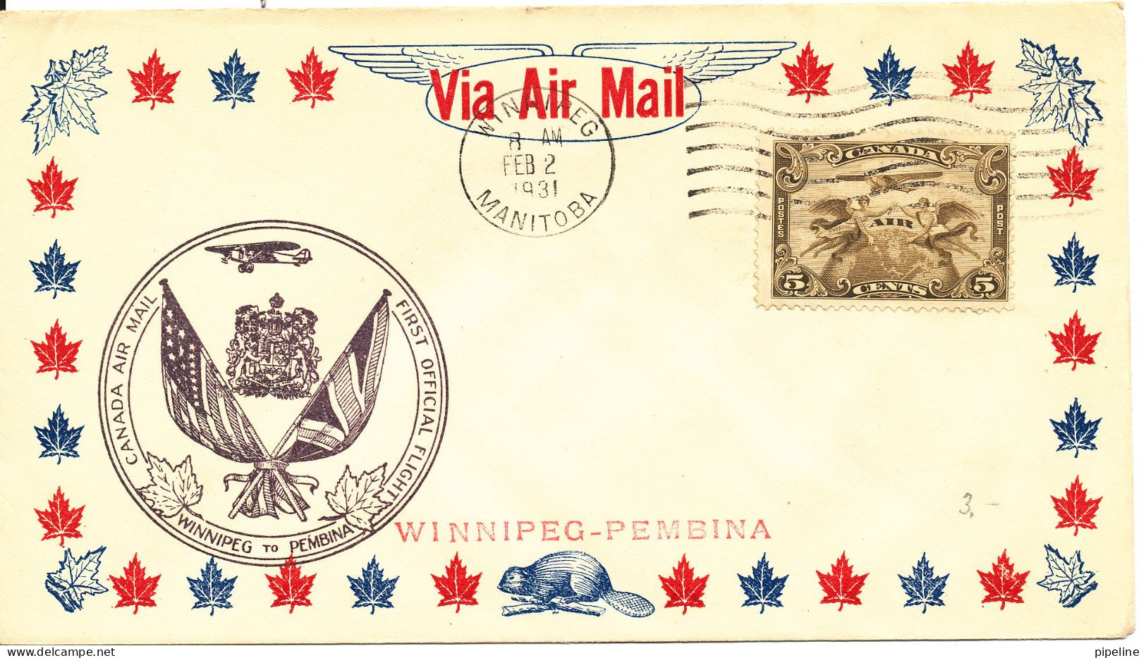Canada First Flight Cover Winnipeg - Pembina 2-2-1931 - Erst- U. Sonderflugbriefe