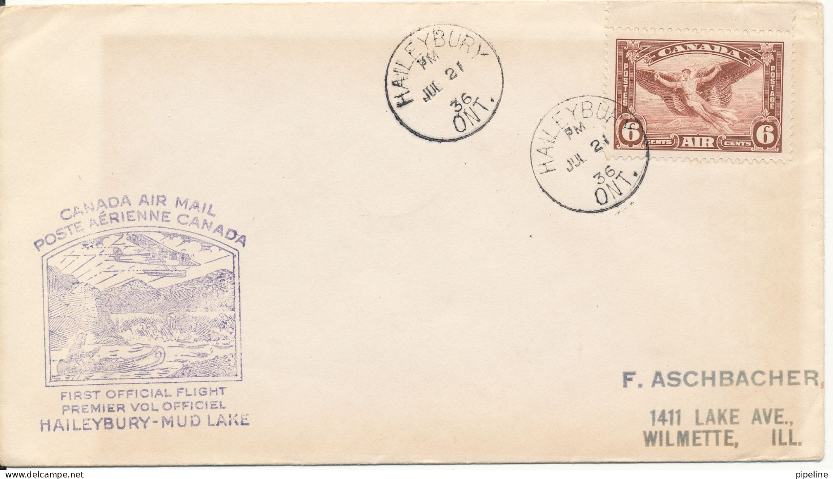 Canada First Flight Cover Haileybury - Mud Lake 21-7-1936 - Primi Voli