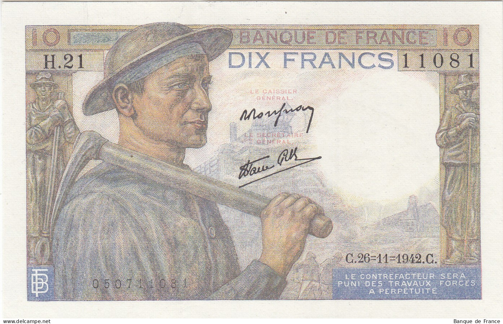 Billet 10 F Mineur Du 26-11-1942 FAY 08.06 Alph. H.21 SPL Sans épinglage - 10 F 1941-1949 ''Mineur''