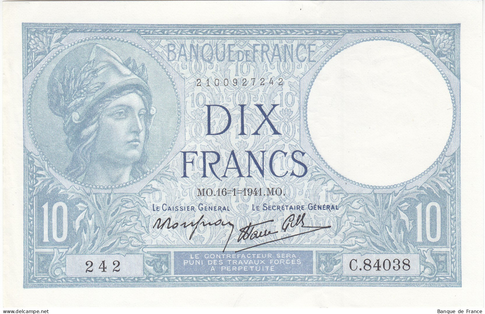 Billet 10 F Minerve Du 16-1-1941 FAY 07.28 Alph. C.84038 SPL Sans épinglage - 10 F 1916-1942 ''Minerve''