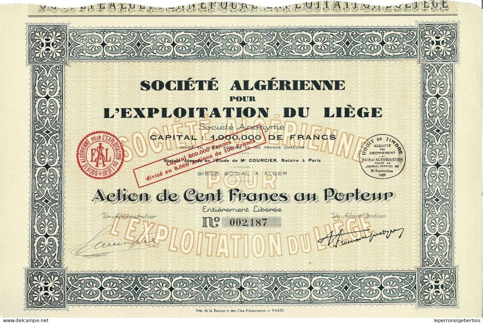 - Titre De 1929 - Société Algérienne Pour L'exploitation Du Liège - - Afrique