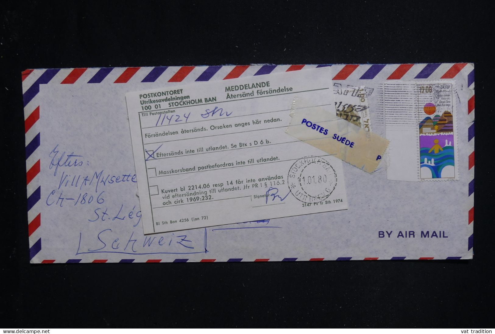 ISRAËL - Enveloppe De Jérusalem Pour La Suède Et Redirigée Vers La Suisse En 1980 - L 144977 - Cartas & Documentos