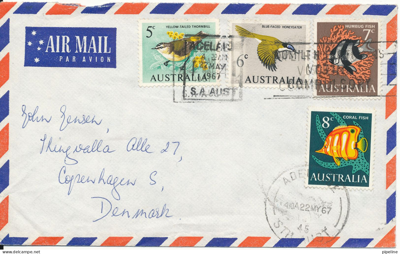 Australia Air Mail Cover Sent To Denmark Adelaide 12-5-1967 With Topic Stamps BIRDS & FISH - Lettres & Documents