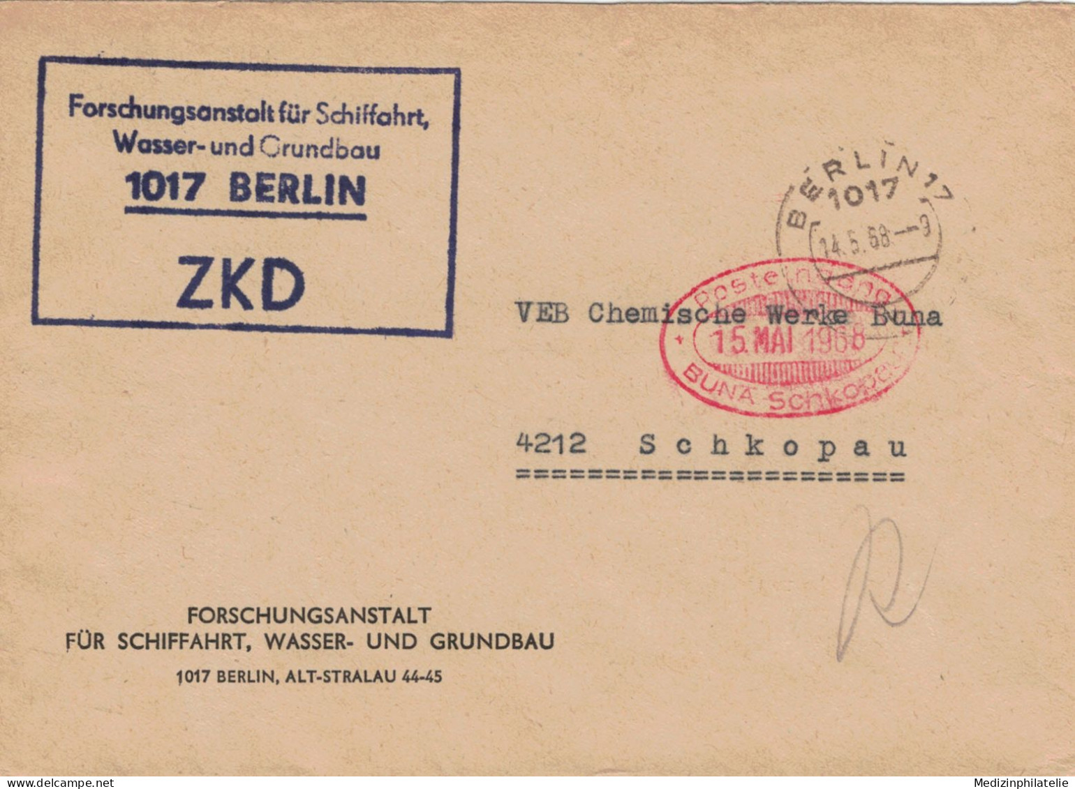 DDR ZKD - 1968 Forschungsanstalt Schifffahrt Wasser- & Grundbau 1017 Berlin Alt-Stralau > Chemie Buna - Acqua