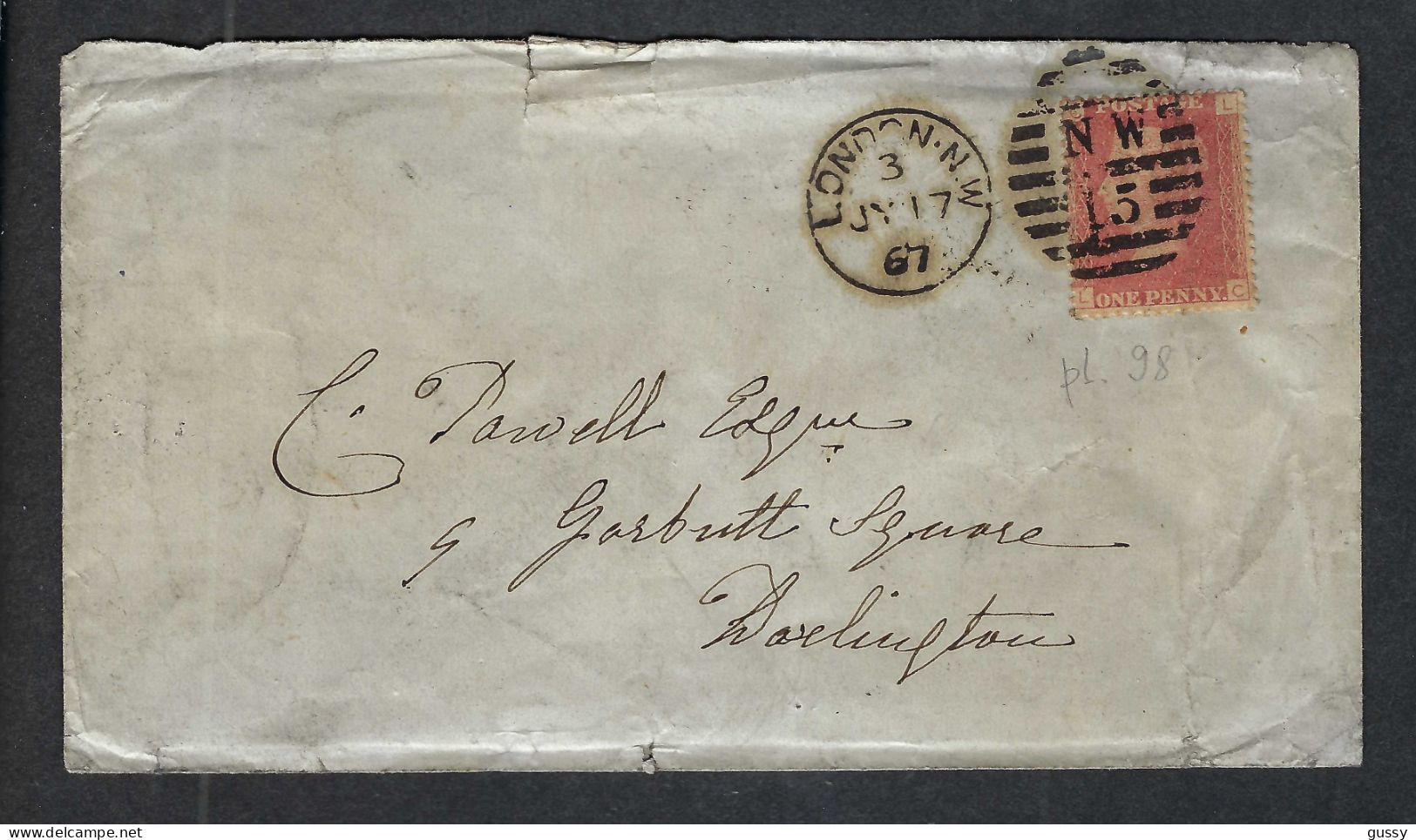 GRANDE BRETAGNE Ca.1867: LSC De Londres Pour Darlington Avec Le Y&T 26 Pl.98, Lettres "LC", Obl. Duplex "Londres NW 15" - Lettres & Documents