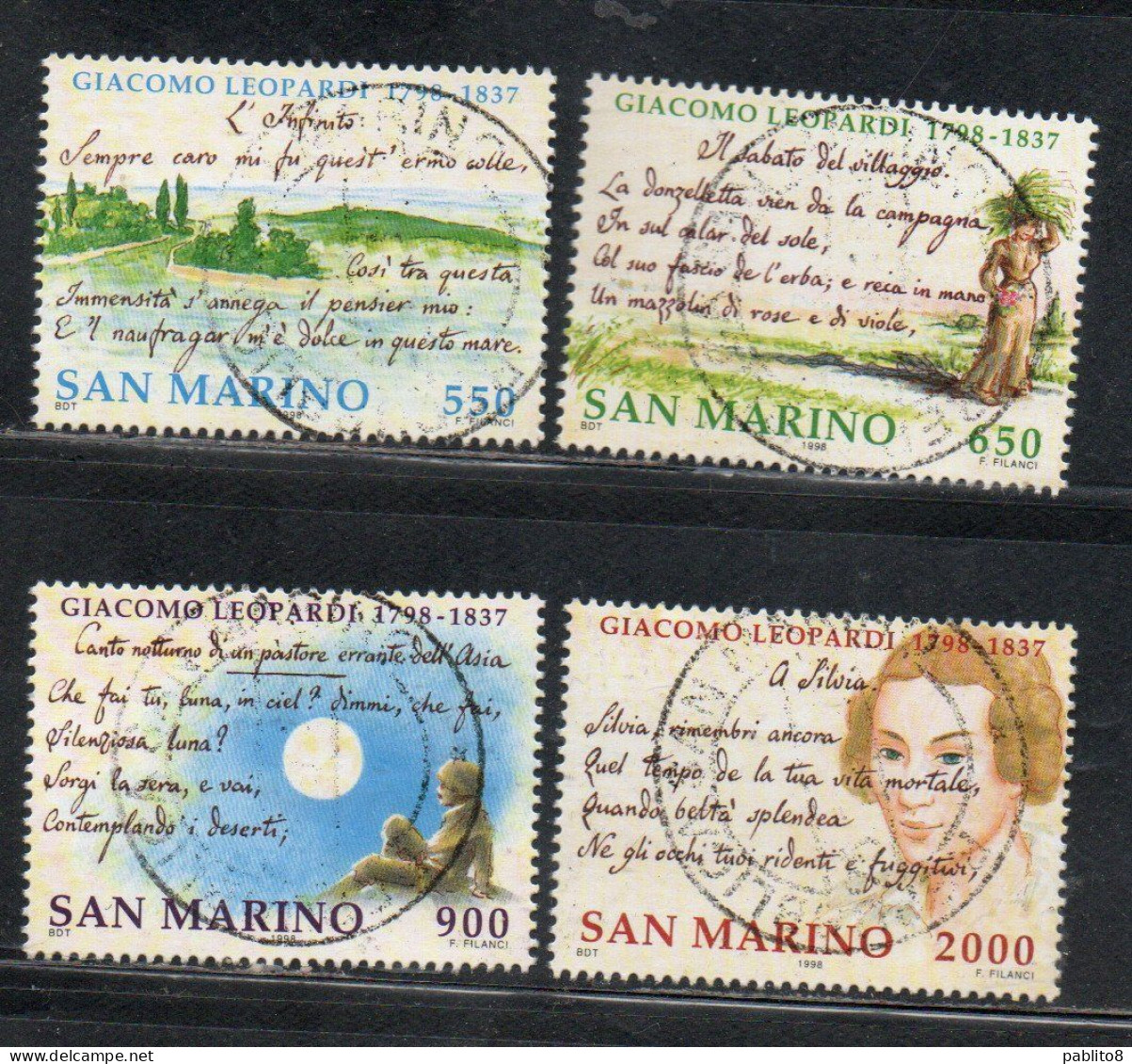 REPUBBLICA DI SAN MARINO 1998 GIACOMO LEOPARDI CENTENARIO DELLA NASCITA SERIE COMPLETA COMPLETE SET USATA USED OBLITERE' - Used Stamps