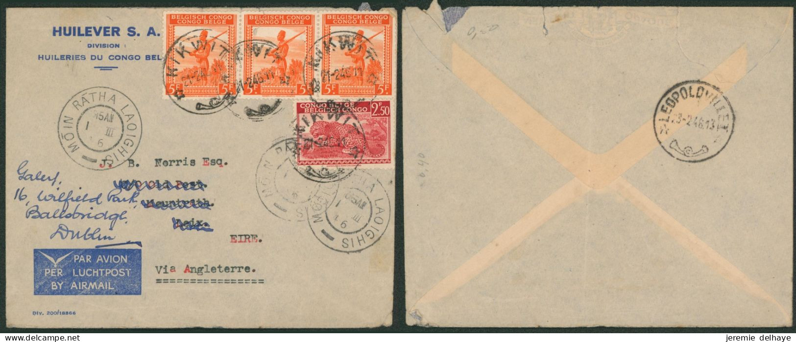 Congo Belge - Affranch. à 17F50 Sur L. Par Avion (Huilerie Du Congo, Kiwkit 1946) > Eire (Irlande, Comté De Laois) - Covers & Documents