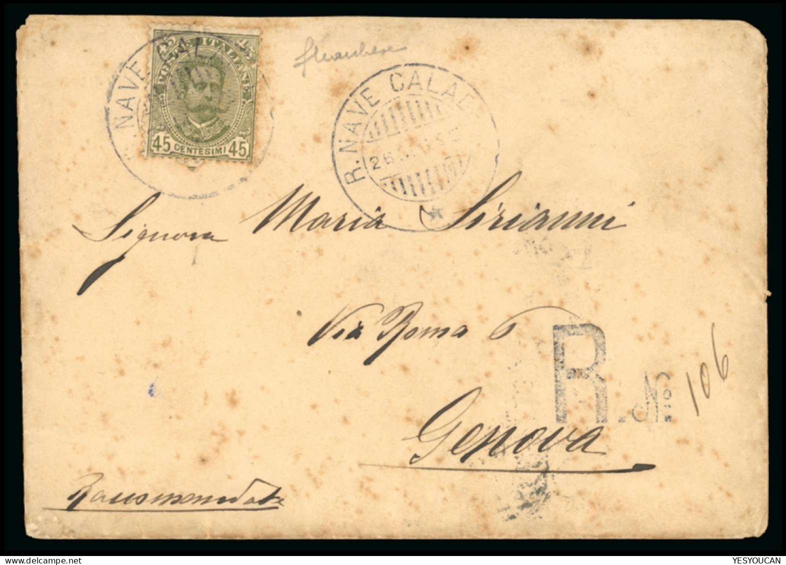 "R.NAVE CALABRIA 1900" Italian Navy China Boxer-war UNIQUE REGISTERED Cover (Italia Taku Lettera Navale Marchese Italy - Storia Postale