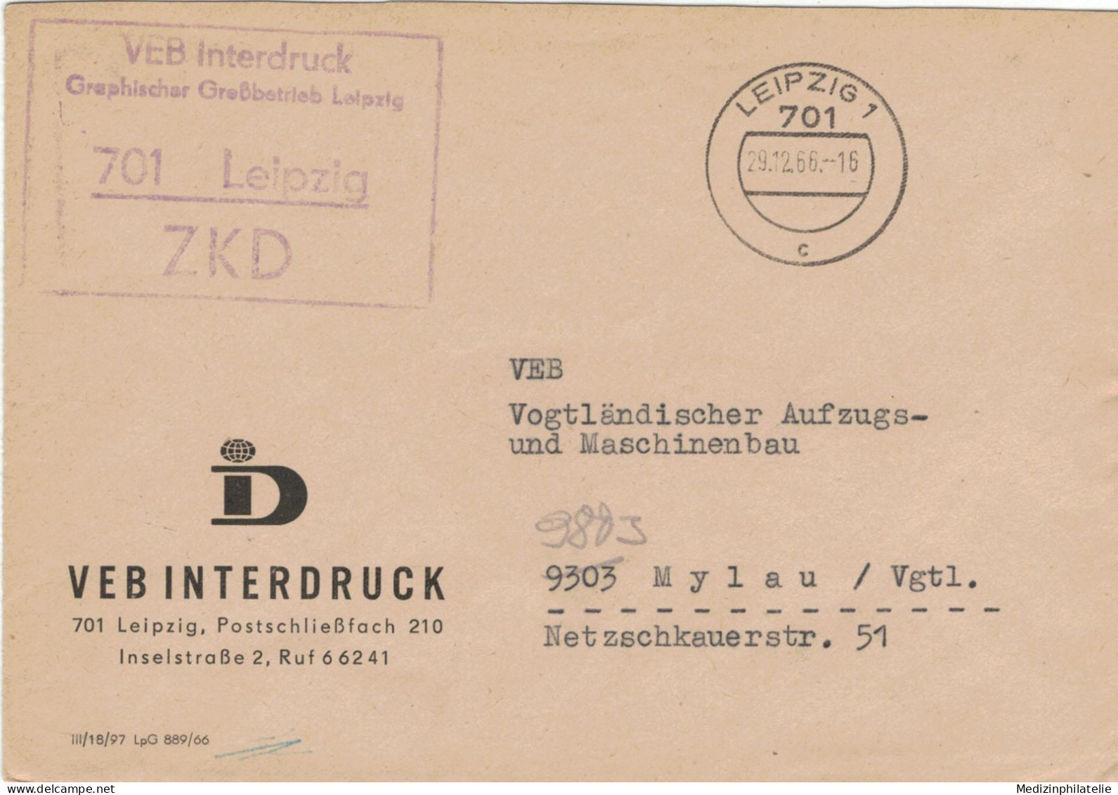 DDR ZKD - 1966 VEB Interdruck Graphischer Grossbetrieb 701 Leipzig > Aufzug-Maschinenbau Mylau - Usines & Industries