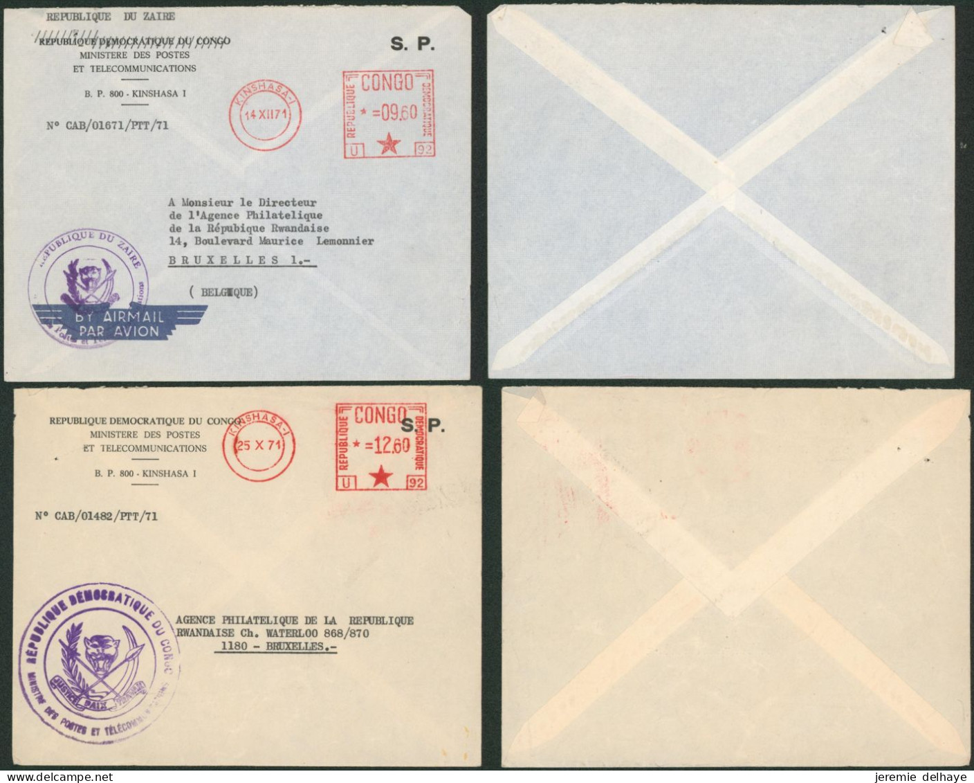 Zaïre - Lot De 2 Enveloppes (ministères Des Postes Et Télécommunications) "S.P" Période De Transition, De Kinshasa > Bru - Covers & Documents
