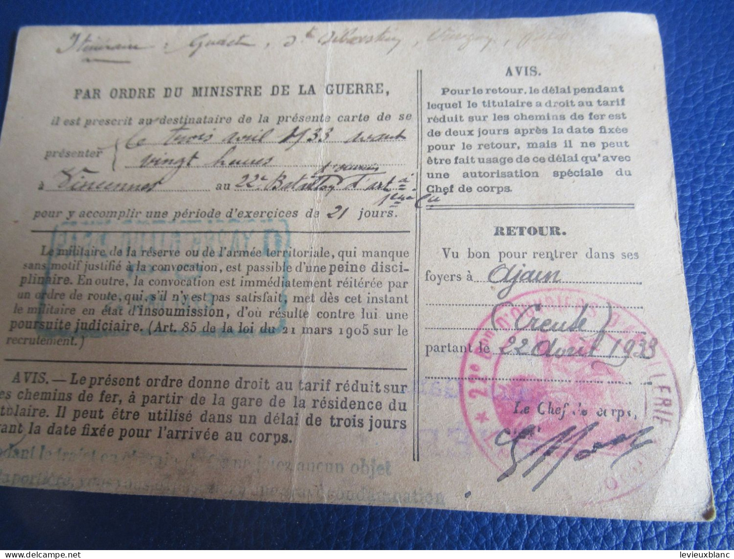 Ordre D'appel Sous Les Drapeaux/ Recrutement De Guéret/ Tingaud/ AJAIN /Creuse/ Ministre De La Guerre/1933        VPN393 - Documents