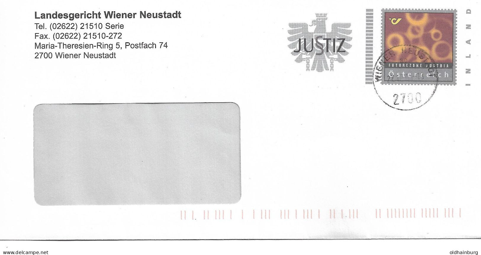 0448b: Österreichs Justiz- Bonusbrief LG 2700 Wiener Neustadt (ANK 16, 100.- €) - Enveloppes