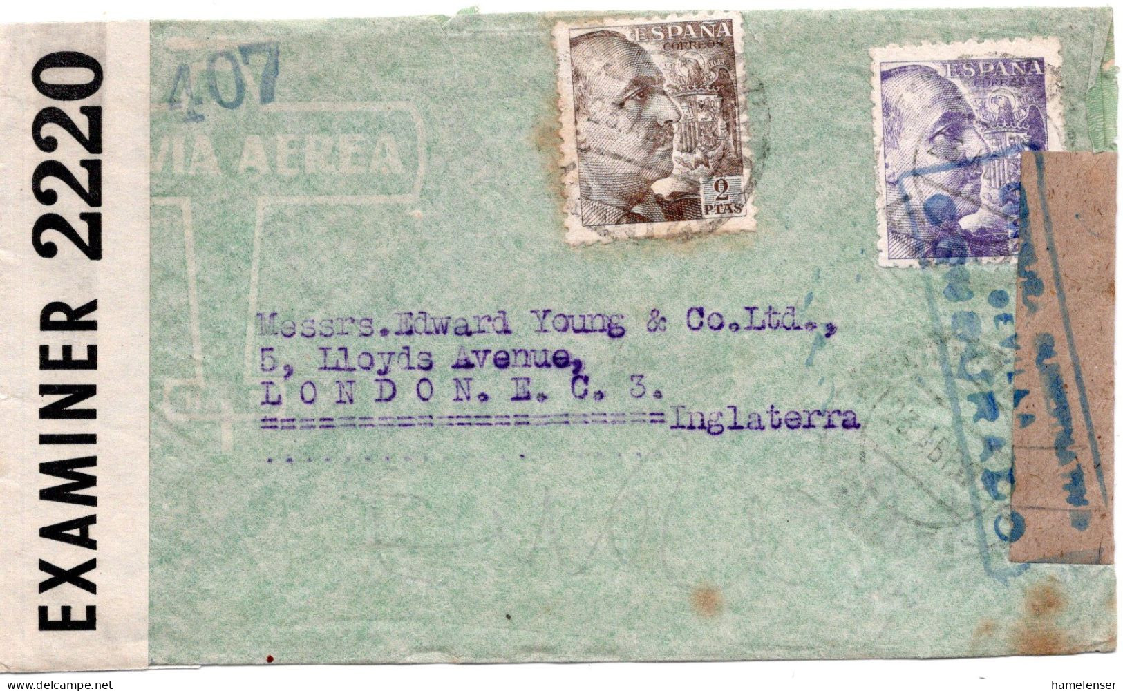 68166 - Spanien - 1942 - 2Ptas Franco MiF A LpBf PUERTO DE SANTA MARIA -> Grossbritannien, M Span & Brit Zensuren - Cartas & Documentos