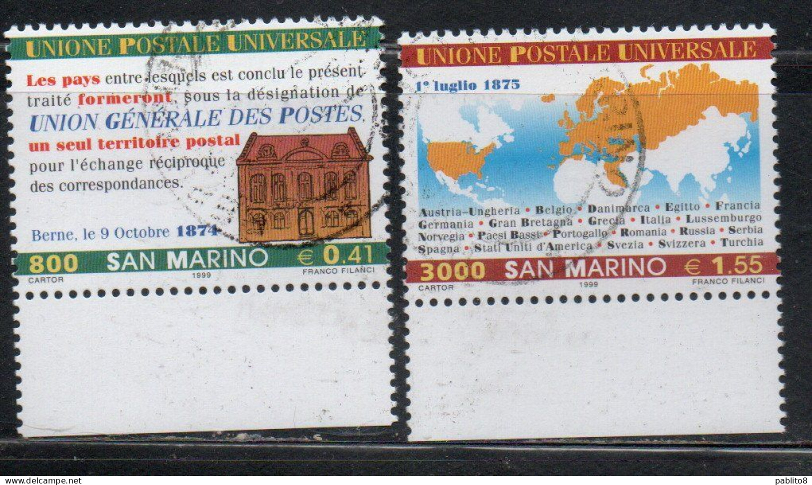 REPUBBLICA DI SAN MARINO 1999 UPU 125° ANNIVERSARIO ANNIVERSARY SERIE COMPLETA COMPLETE SET USATA USED OBLITERE' - Usati