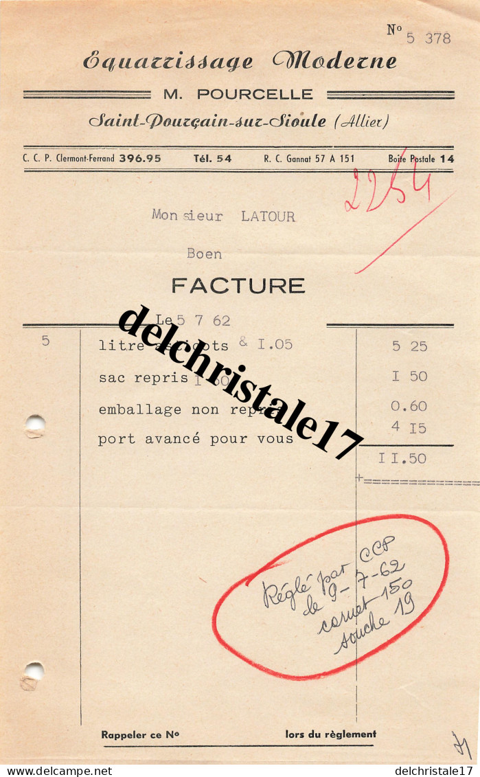 03 0006 St-POURÇAIN-SUR-SIOULE ALLIER 1962  Équarissage Moderne Asticots ( Pêche ) M. POURCELLE à LATOUR - Vissen