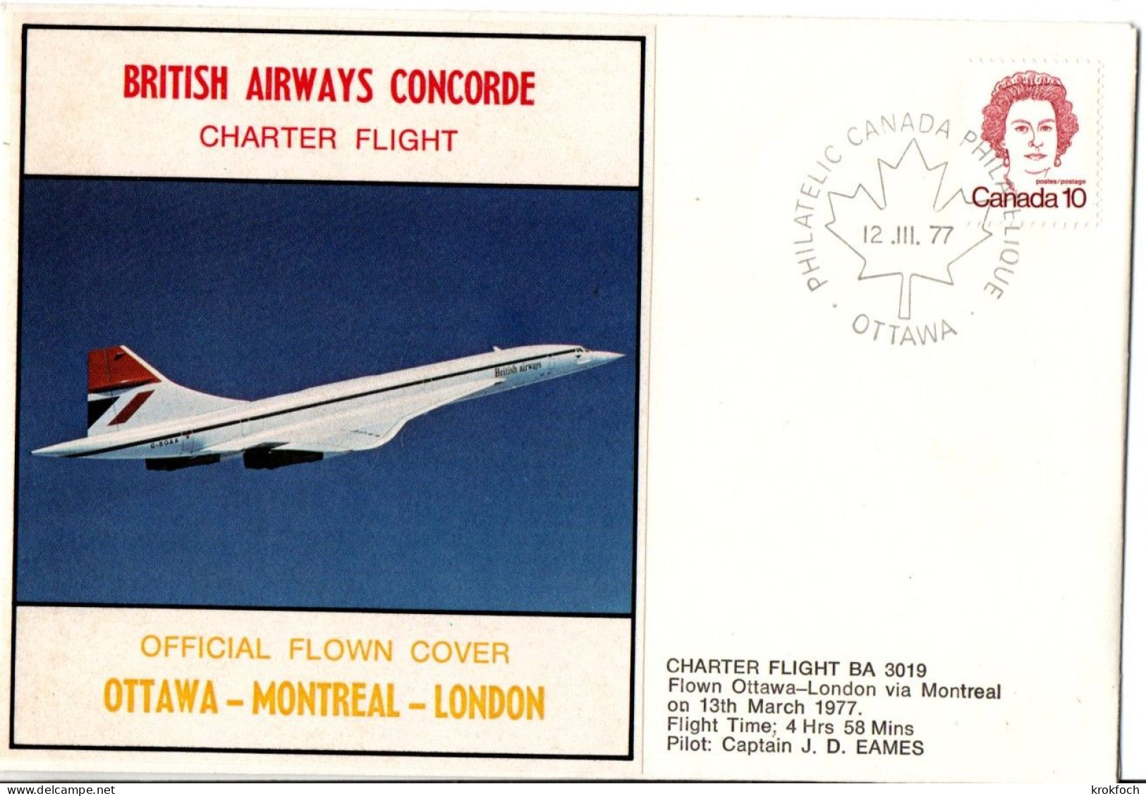 Concorde BA 1977 - Ottawa Montréal London - Charter Flight - First Flight Covers