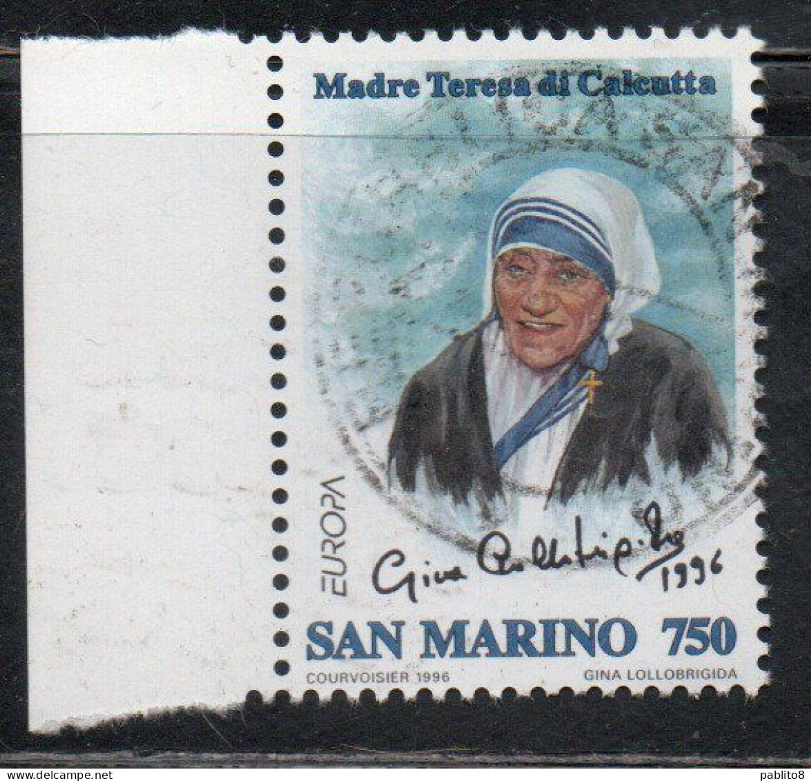 REPUBBLICA DI SAN MARINO 1996 EUROPA UNITA CEPT MADRE TERESA DI CALCUTTA MOTHER LIRE 750 USATO USED OBLITERE' - Oblitérés