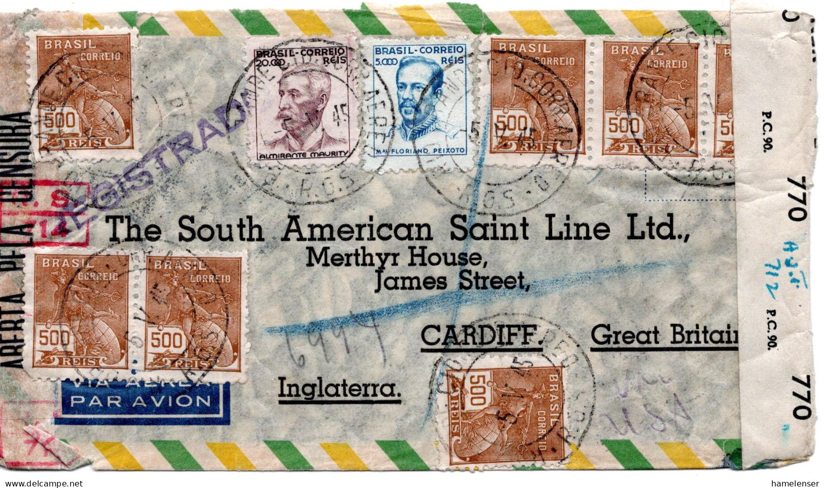 68171 - Brasilien - 1945 - 20.000R MiF A R-LpBf RIO GRANDE -> Grossbritannien, M Brasil & Brit Zensuren - Covers & Documents