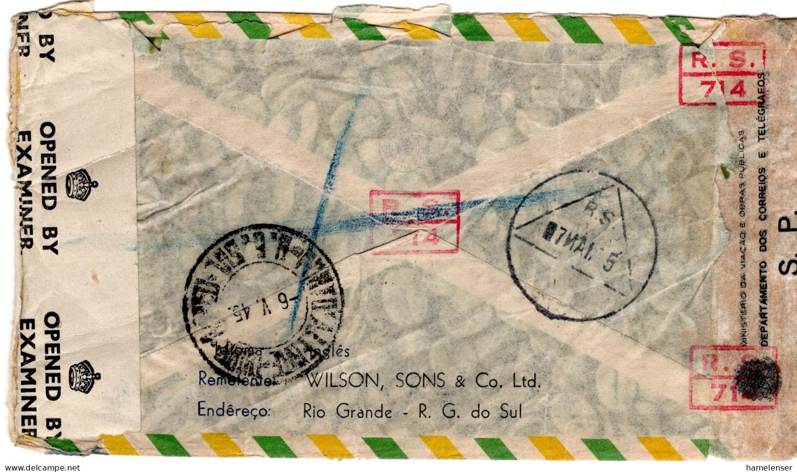 68171 - Brasilien - 1945 - 20.000R MiF A R-LpBf RIO GRANDE -> Grossbritannien, M Brasil & Brit Zensuren - Lettres & Documents