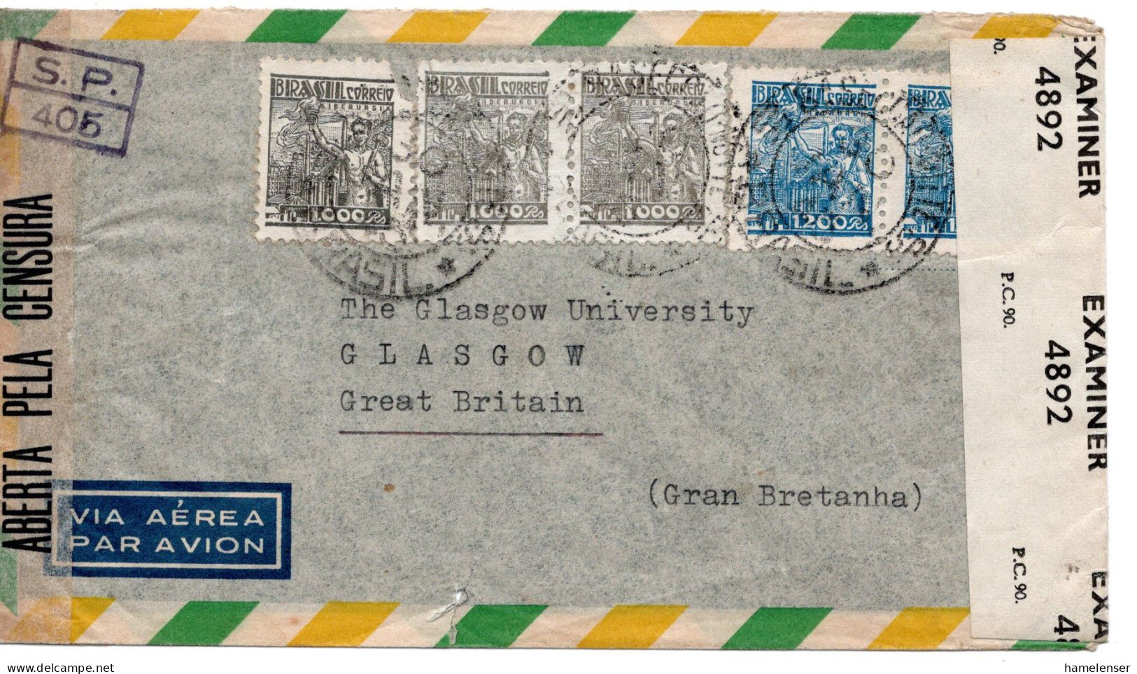 68172 - Brasilien - 1945 - 2@1.200R MiF A LpBf  -> Grossbritannien, M Brasil & Brit Zensuren - Lettres & Documents