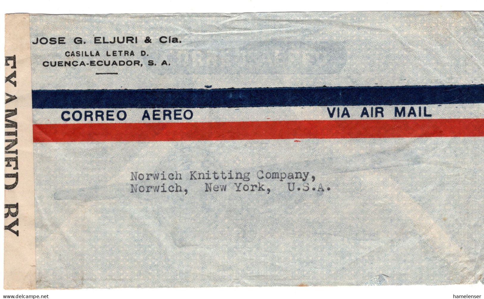 68173 - Ecuador - 1942 - S/.2 150 Jahre USA MiF A LpBf CUENCA > Norwich, NY (USA), M US-Zensur - Ecuador