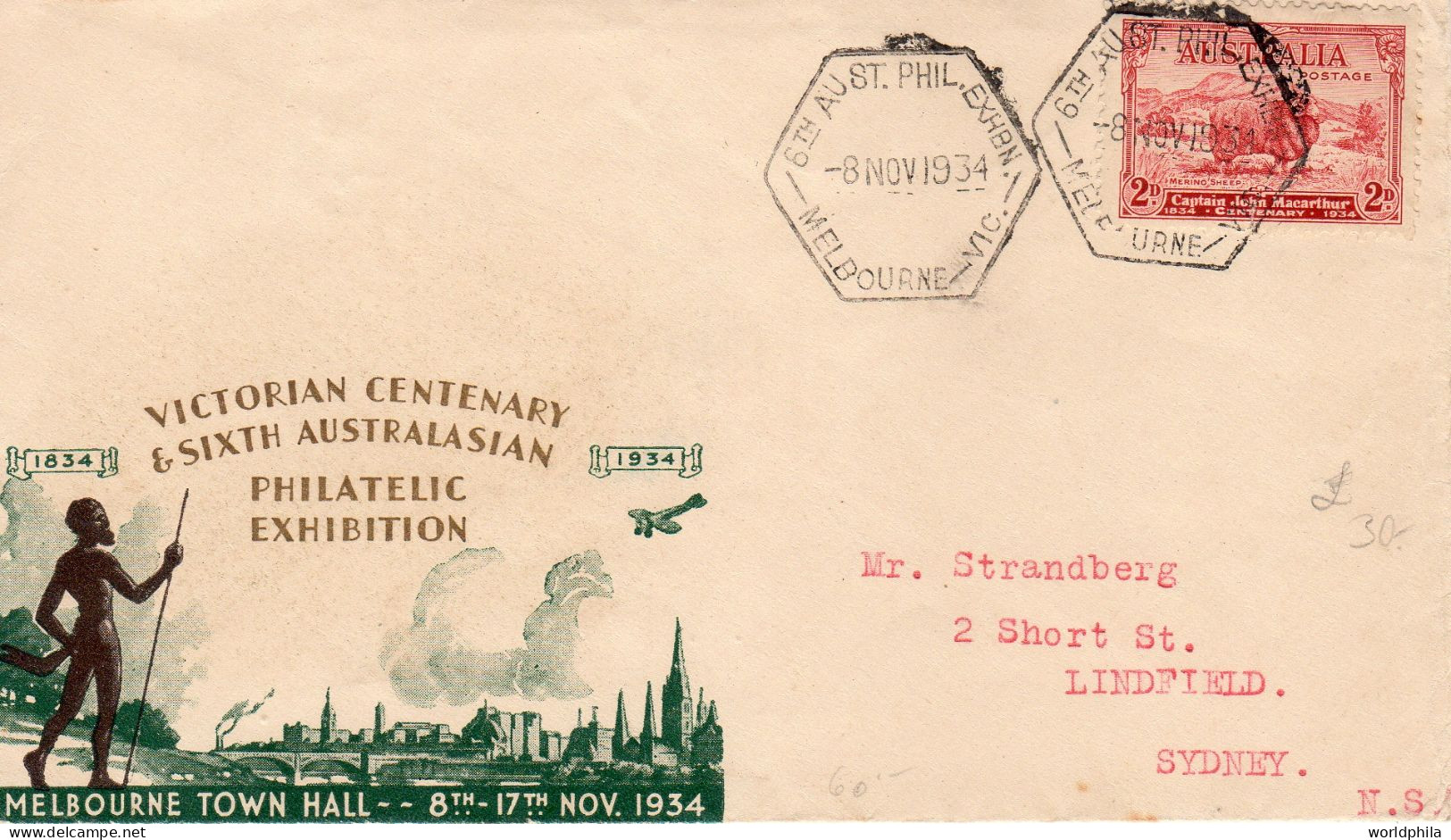 Australia 1934 Victorian Centenary, First Day Of The Philatelic Exhibition+ Sticker - Lettres & Documents