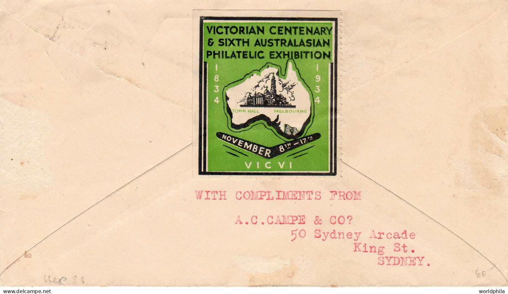 Australia 1934 Victorian Centenary, First Day Of The Philatelic Exhibition+ Sticker - Briefe U. Dokumente