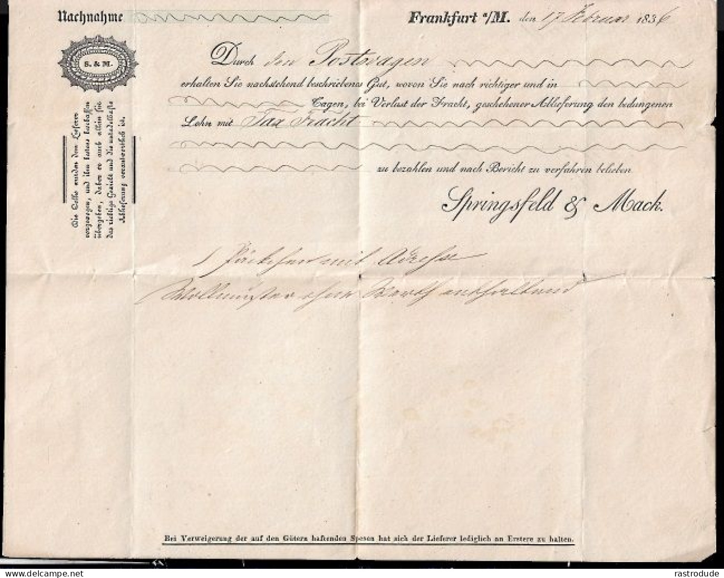 1836 (17 FEBR.) T&T FRANKFURT  N. LANGENSALZA- NACHNAHME-BRIEF - NACH ABGANG DER POST - SELTEN - Otros & Sin Clasificación
