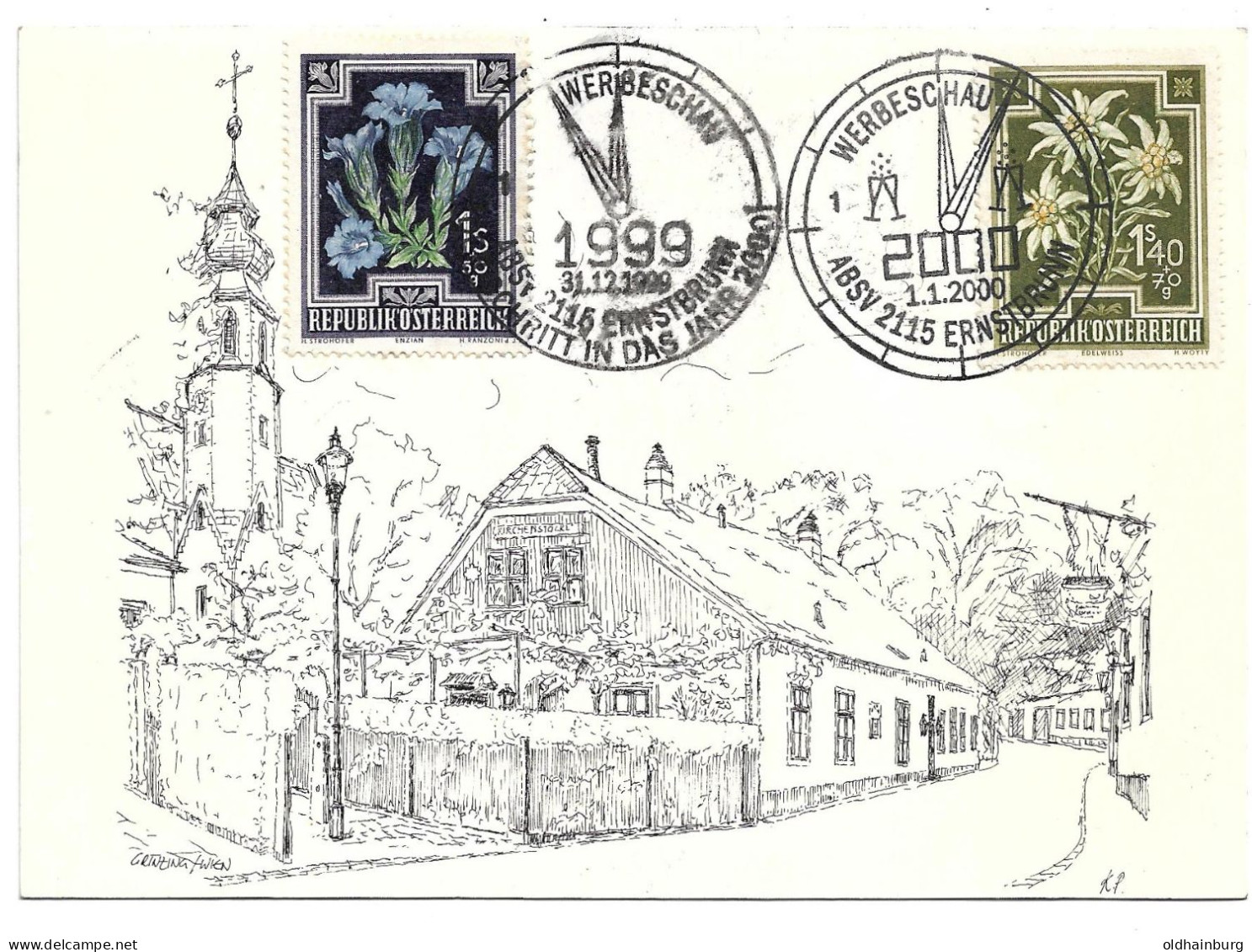 0448w: AK Grinzing Anhand Zeichnung Von Plaus Podirsky, Milleniums- Stempel 31.12./ 1.1. Mit Blumenserie, BSV Ernstbrunn - Grinzing