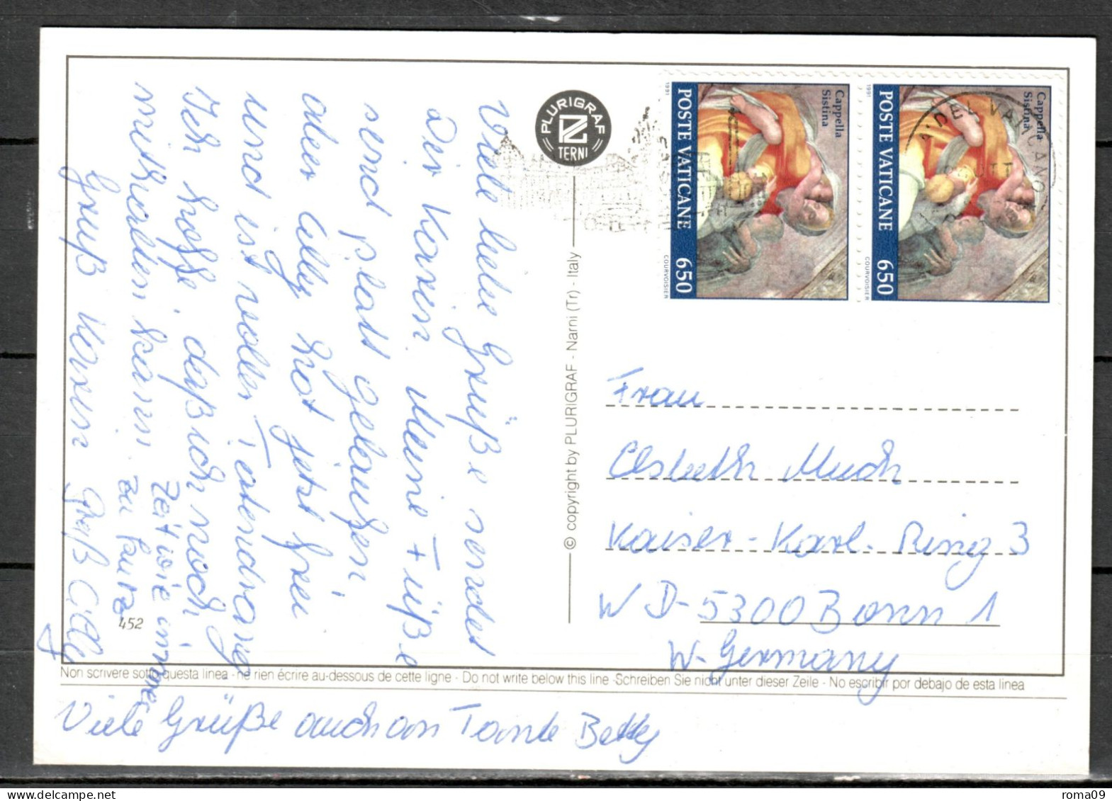 MiNr. 1027 (2x), Restaurierung Der Sixtinischen Kapelle, Auf Postkarte Nach Deutschland; B-1946 - Covers & Documents