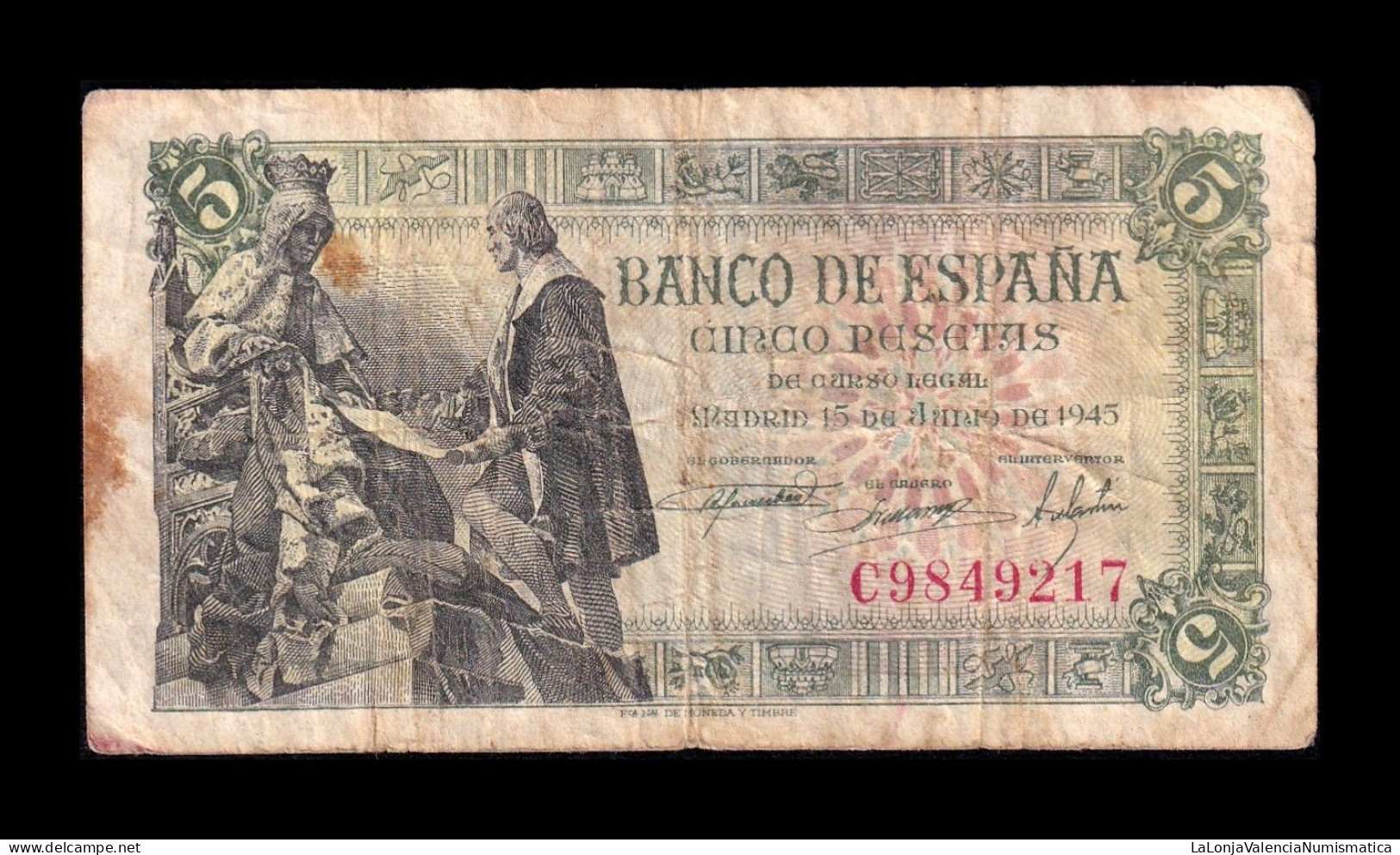 España Spain 5 Pesetas Capitulaciones 1945 Pick 129a Serie C Bc F - 5 Pesetas