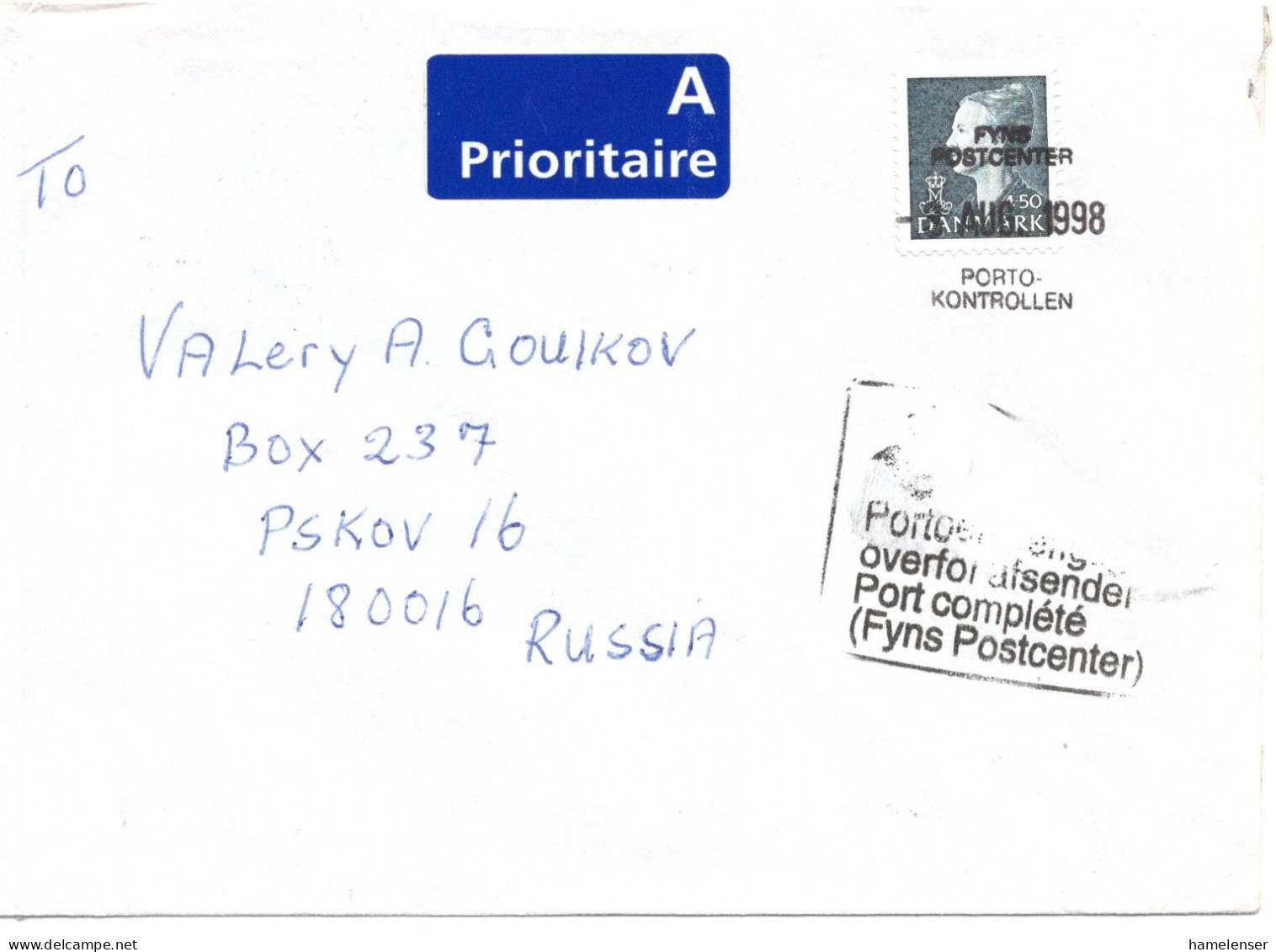 68179 - Dänemark - 1998 - 4,50Kr Margarete EF A LpBf FYNS POSTCENTER PORTO-KONTROLLEN -> PSKOV (Russland) - Covers & Documents