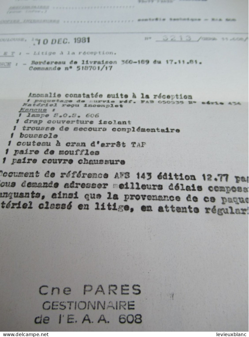 Fiche Matricule D'Equipement/Paquetage De Survie/Contrôleur SIAR/ Hispano-Suiza/Matériel Incomplet 1981       VPN395 - Other & Unclassified