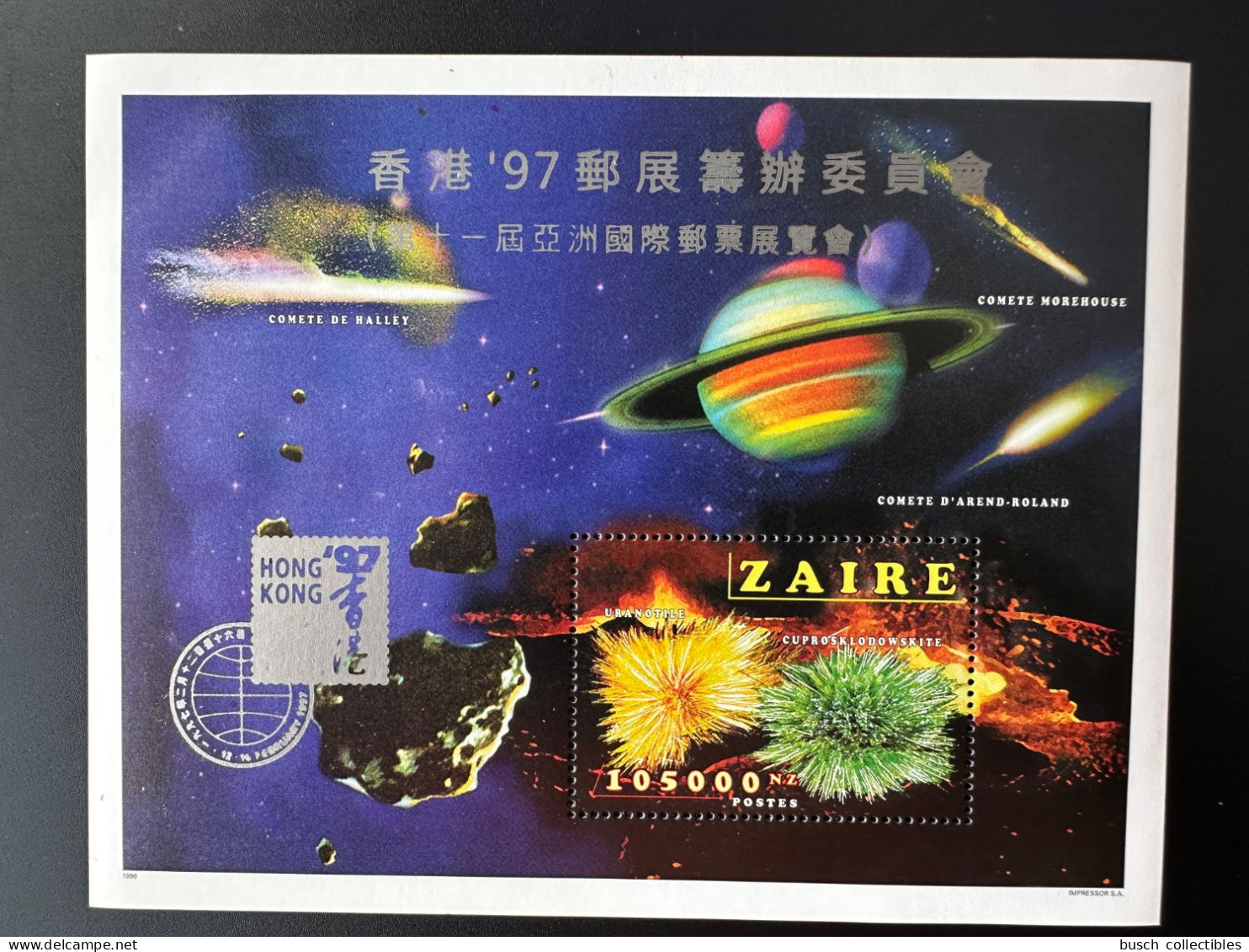 Congo Zaire 1997 Mi. Bl. 62 I Overprint Surchargé Hong Kong '97 Minéraux Mineral Space Espace Comet Comète - Mineralien