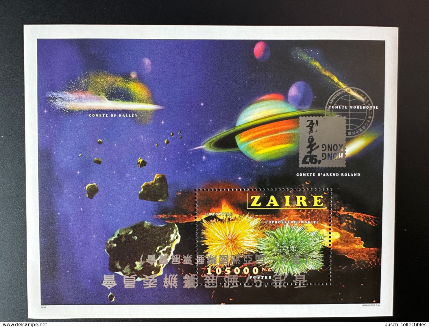 Congo Zaire 1997 Mi. Bl. 62 I INVERTED Overprint Surcharge RENVERSEE Hong Kong '97 Minéraux Mineral Space Espace Comet - Minerals