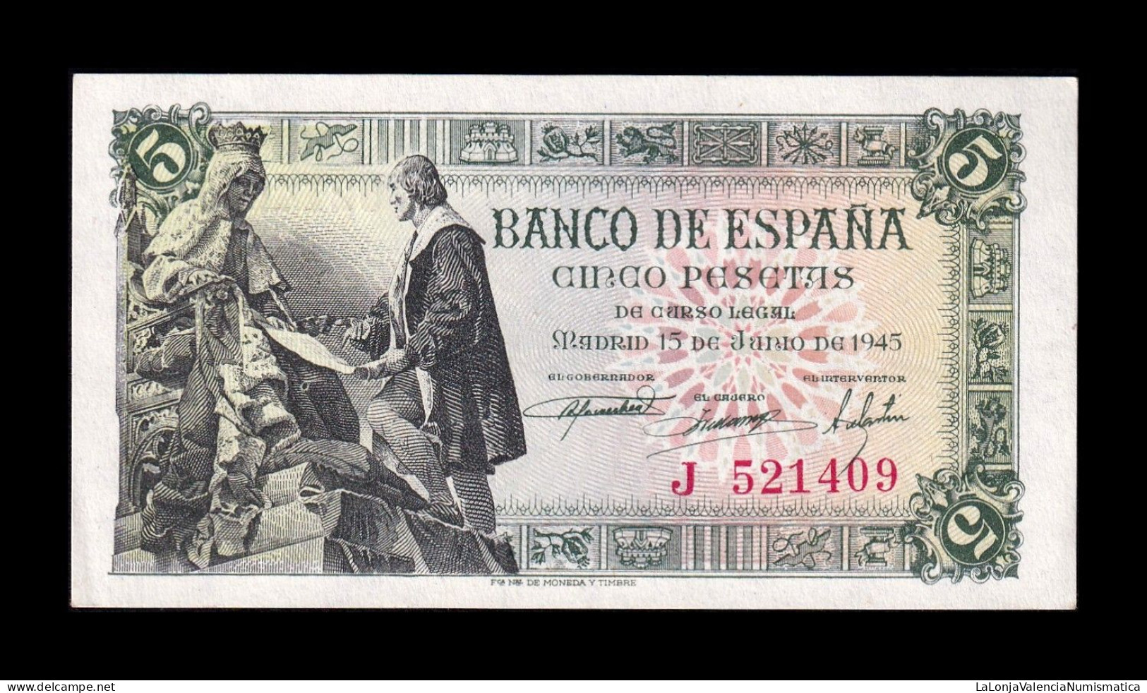 España Spain 5 Pesetas Capitulaciones 1945 Pick 129a Serie J Sc Unc - 5 Peseten