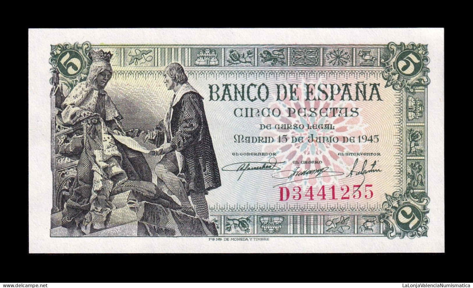 España Spain 5 Pesetas Capitulaciones 1945 Pick 129a Serie D Sc Unc - 5 Peseten