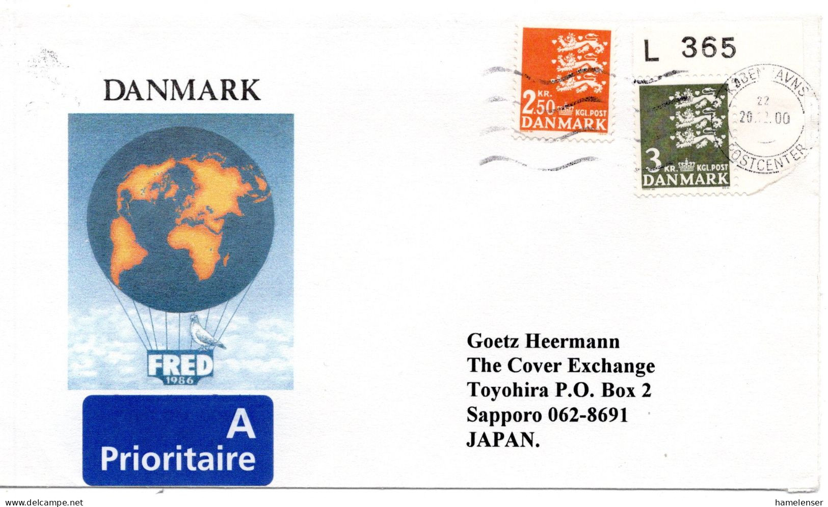 68192 - Dänemark - 2000 - 3Kr Wappen M Marginalnr MiF A LpBf KOEBENHAVNS POSTCENTER -> Japan - Lettres & Documents